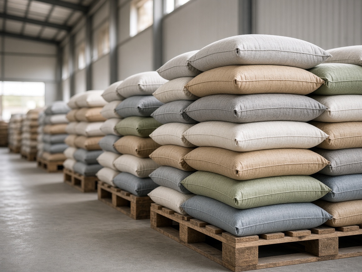Stacked fertilizer bags in a warehouse aisle