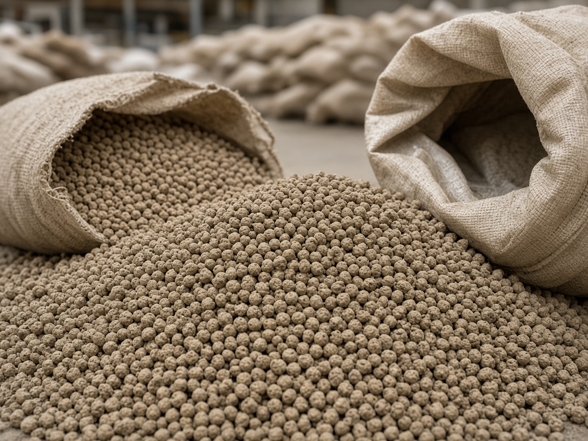 Beige DAP fertilizer granules in open industrial bags