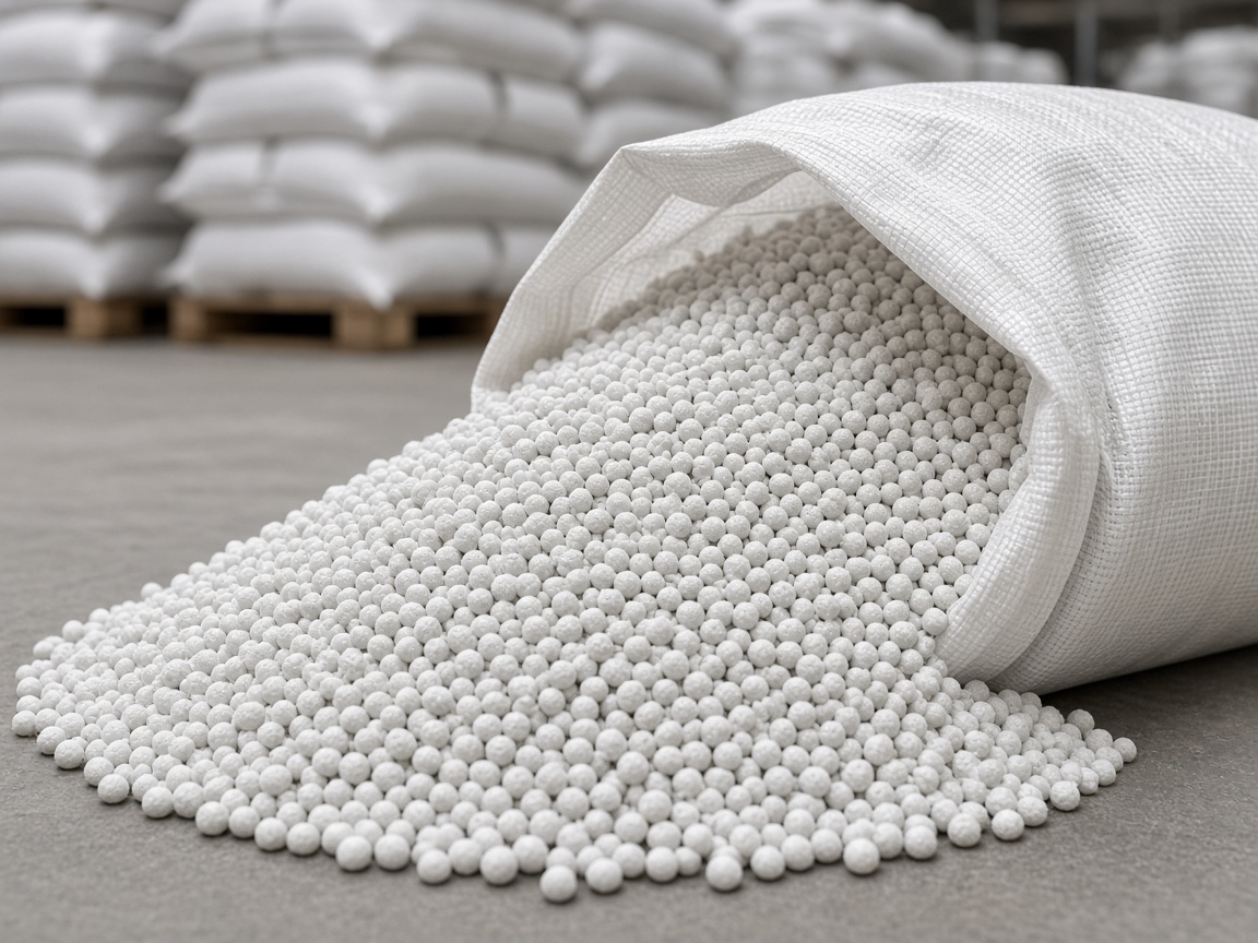 White prilled urea fertilizer granules in bulk packaging